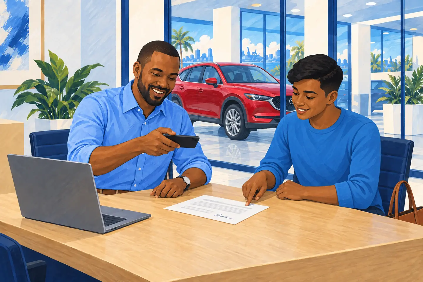 The showroom operator photographs Amani’s agreement, with the red Mazda CX-5 outside.