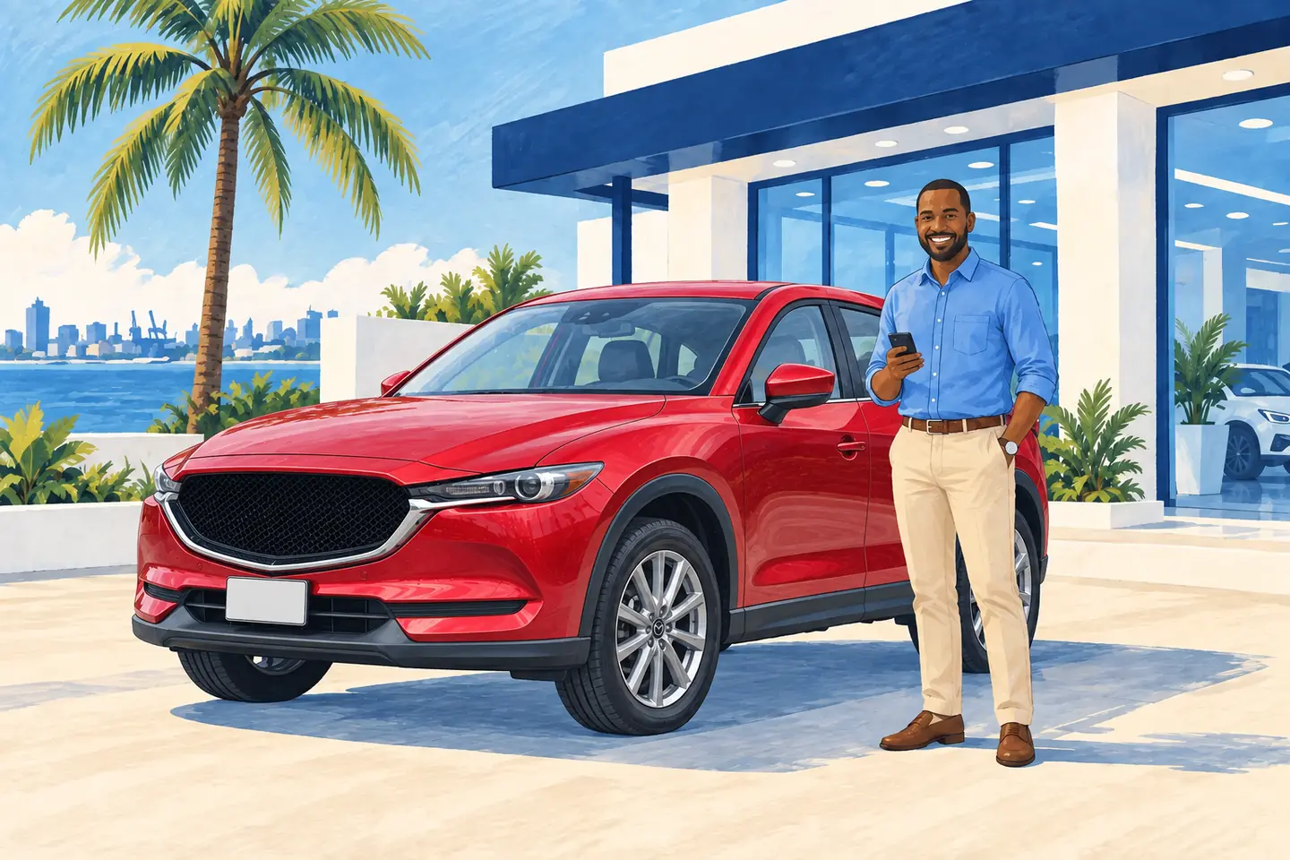 A Kenyan showroom operator beside the red Mazda CX-5, with the glass showroom and palms behind them.