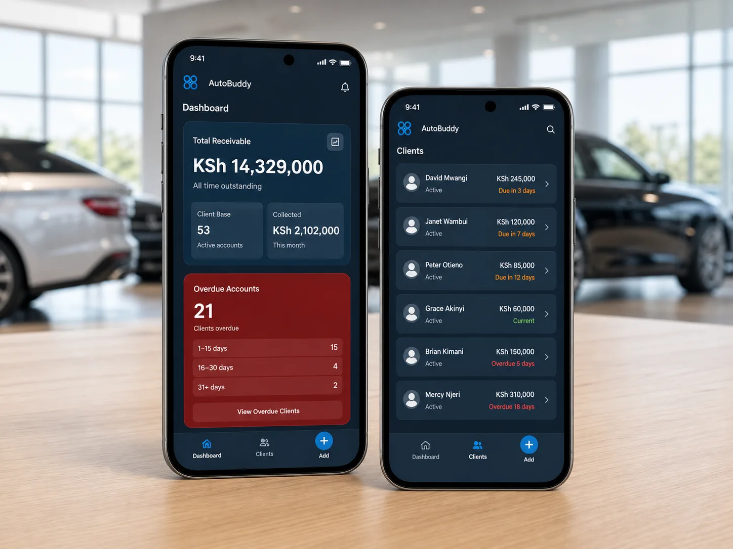 AutoBuddy phone app showing showroom receivables and client records