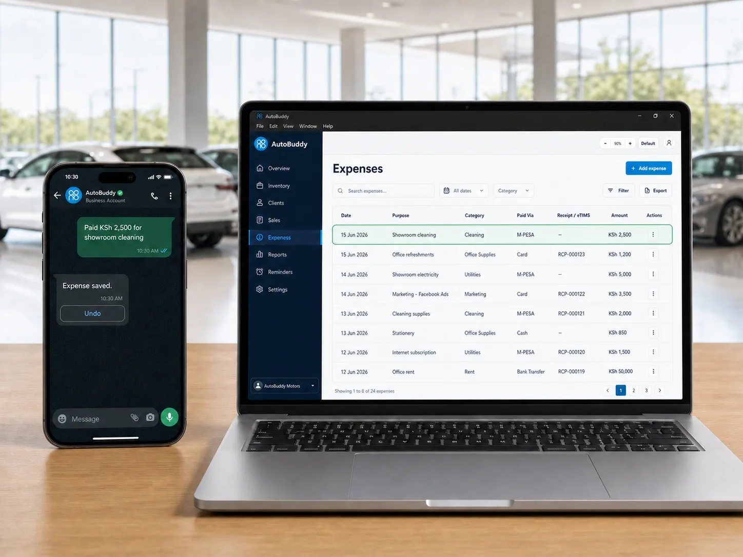 A showroom expense sent through WhatsApp and saved to the AutoBuddy Expenses ledger